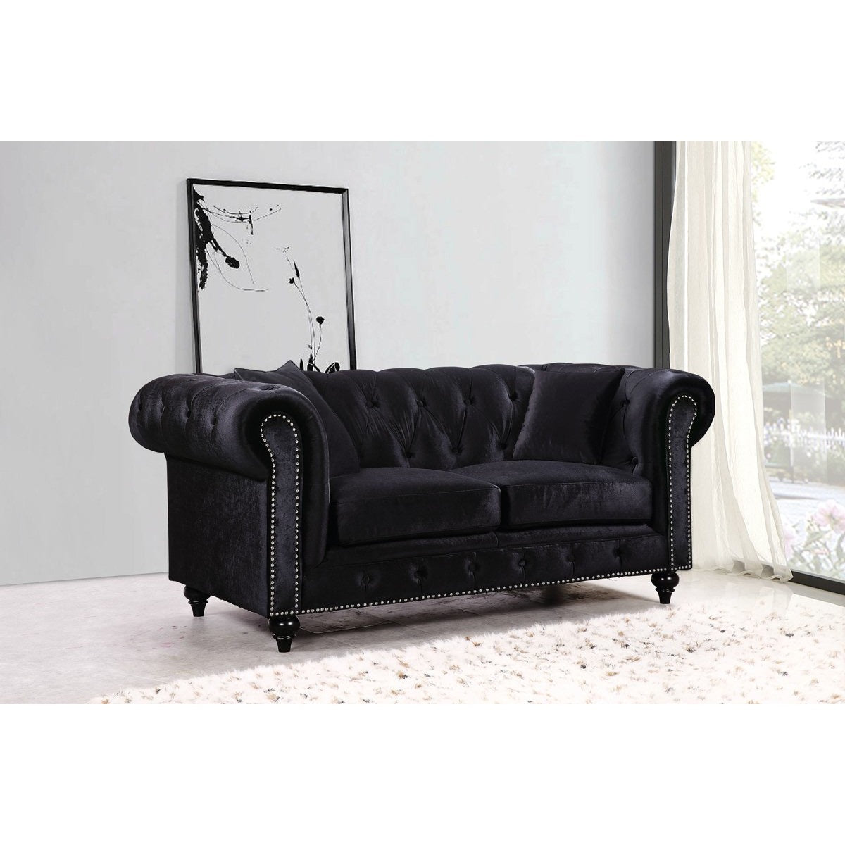 Meridian Furniture Chesterfield Black Velvet Loveseat-Minimal & Modern