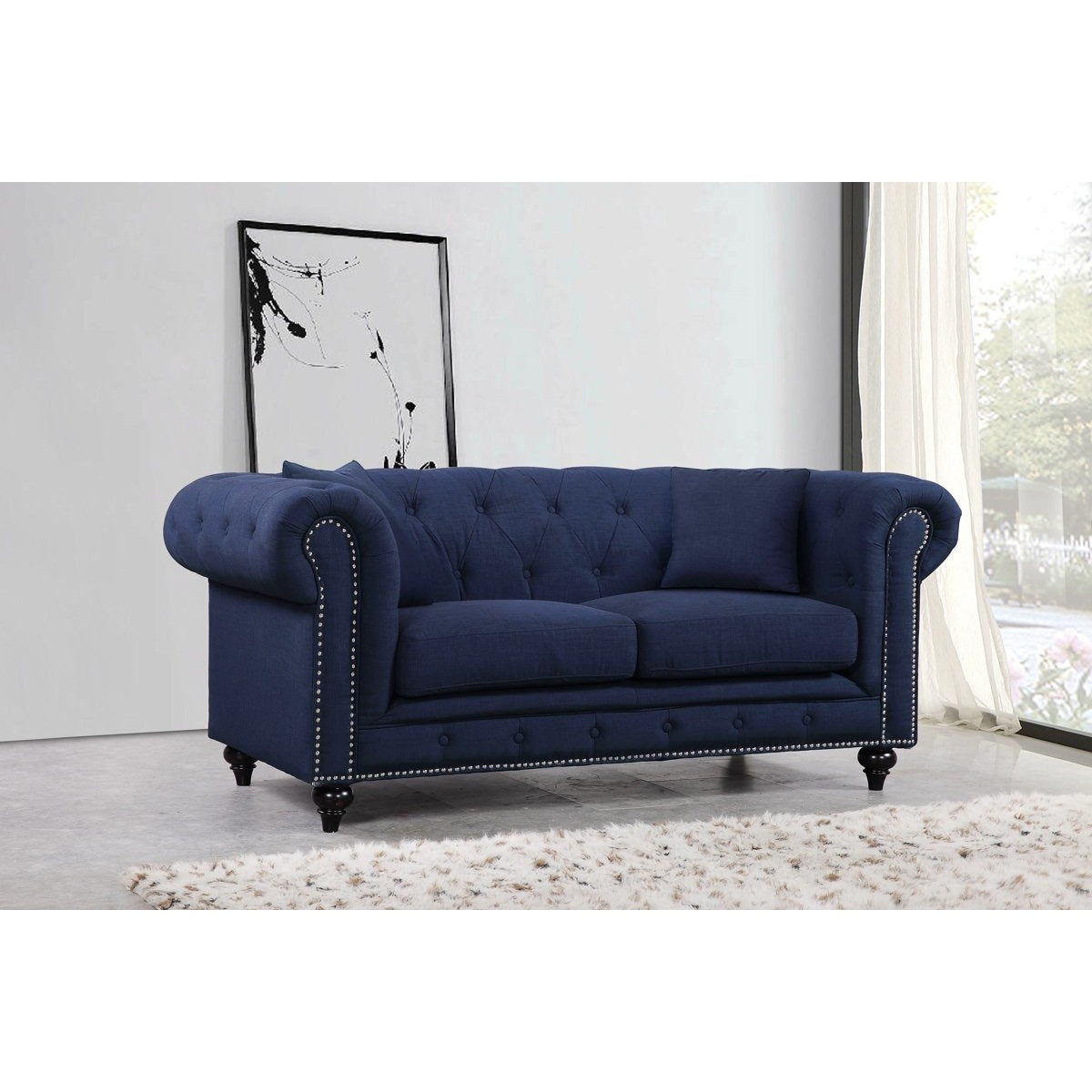 Meridian Furniture Chesterfield Navy Linen Loveseat-Minimal & Modern