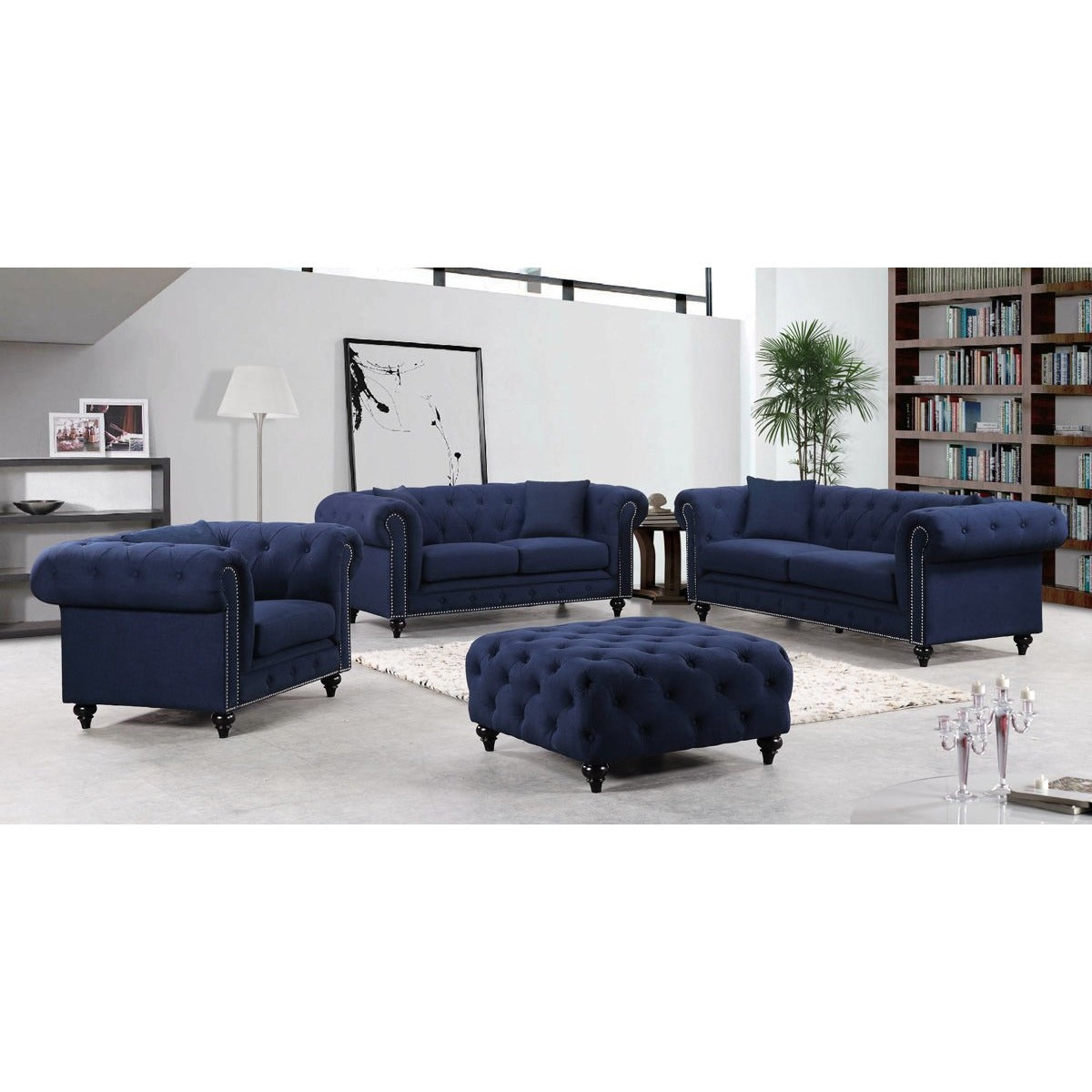 Meridian Furniture Chesterfield Navy Linen Ottoman-Minimal & Modern