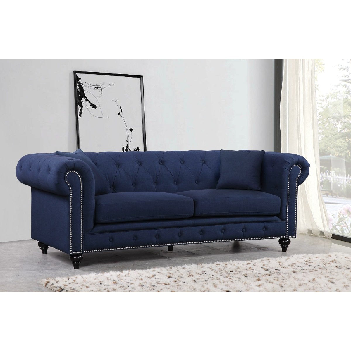 Meridian Furniture Chesterfield Navy Linen Sofa-Minimal & Modern