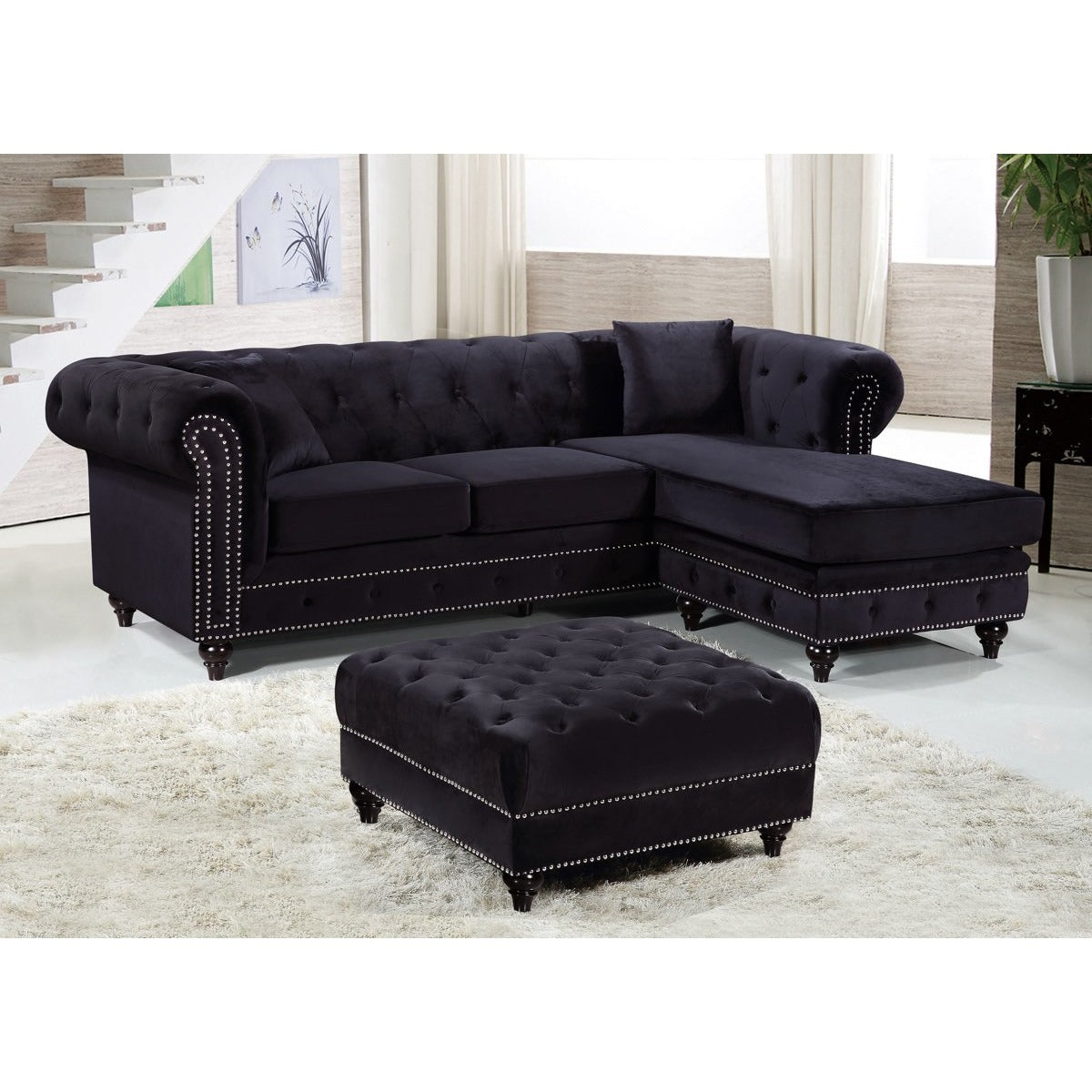 Meridian Furniture Sabrina Black Velvet 2pc. Reversible Sectional-Minimal & Modern