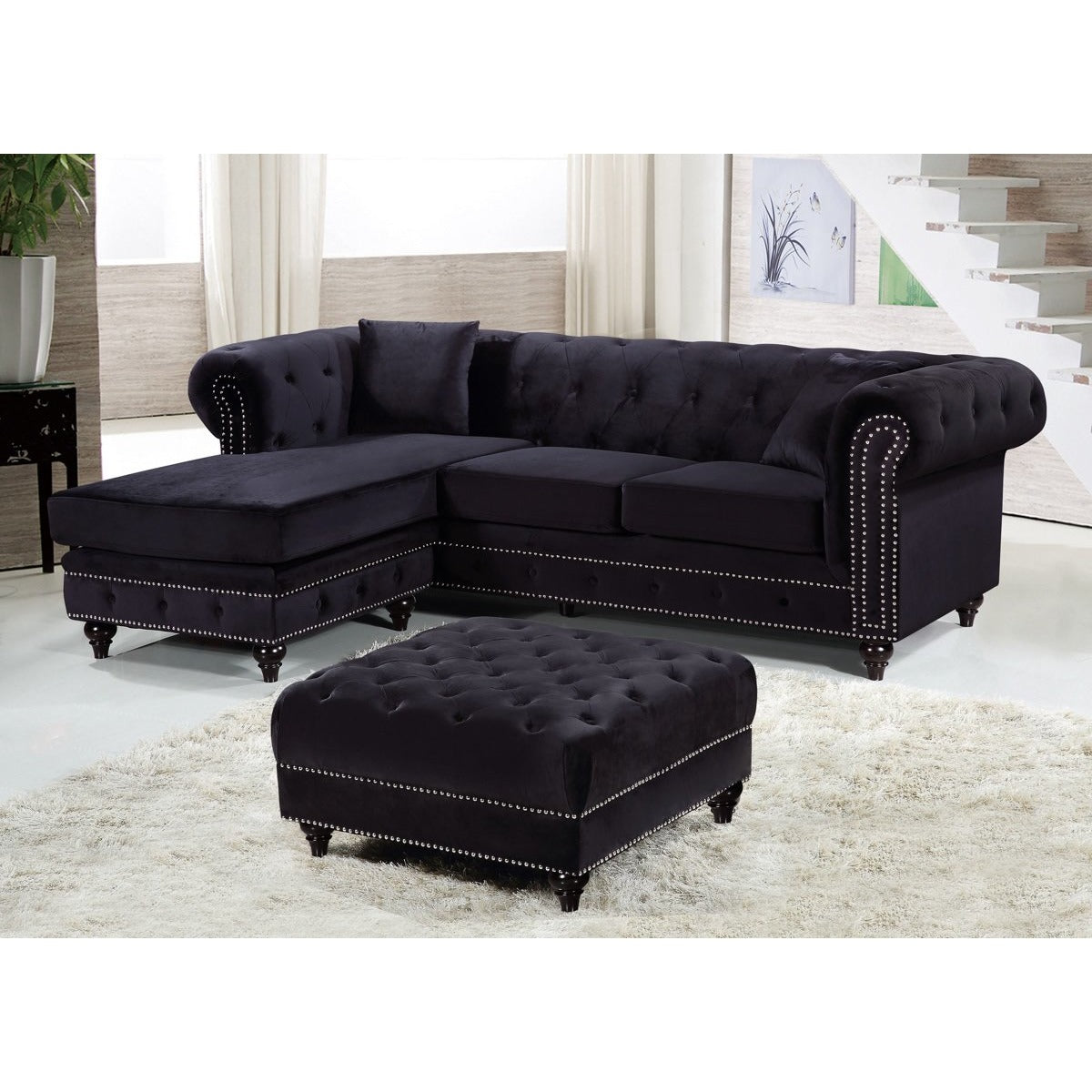 Meridian Furniture Sabrina Black Velvet 2pc. Reversible Sectional-Minimal & Modern