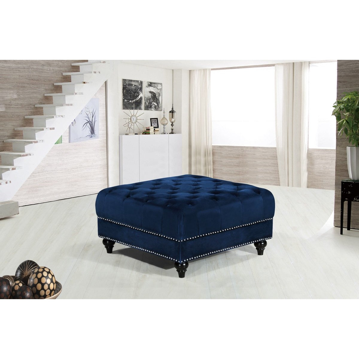 Meridian Furniture Sabrina Navy Velvet Ottoman-Minimal & Modern