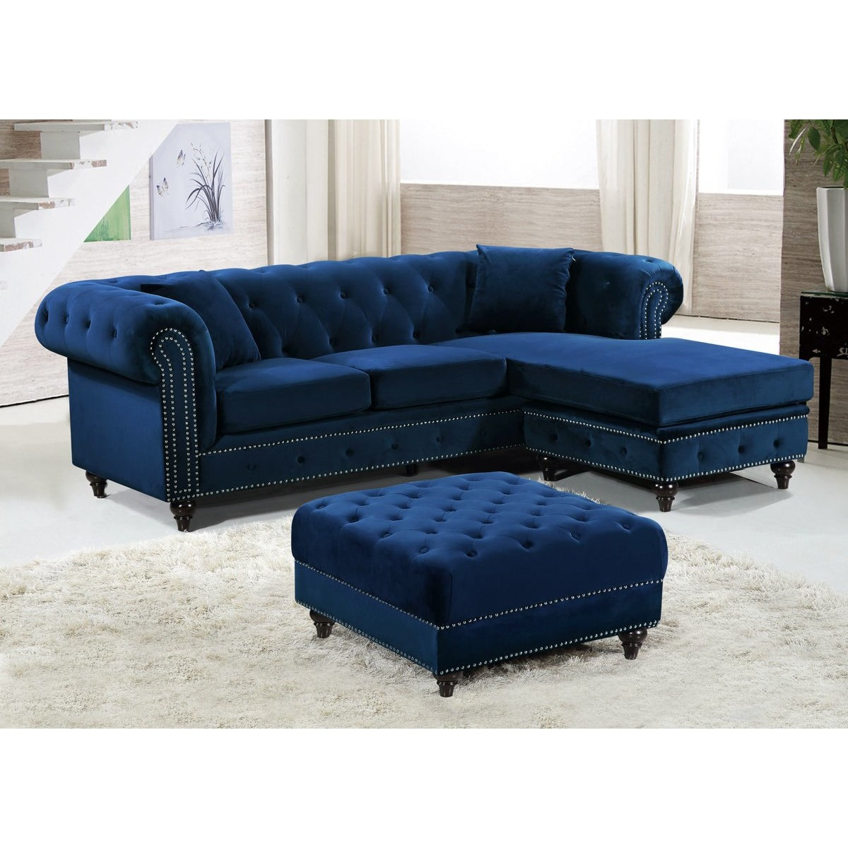 Meridian Furniture Sabrina Navy Velvet 2pc. Reversible Sectional-Minimal & Modern