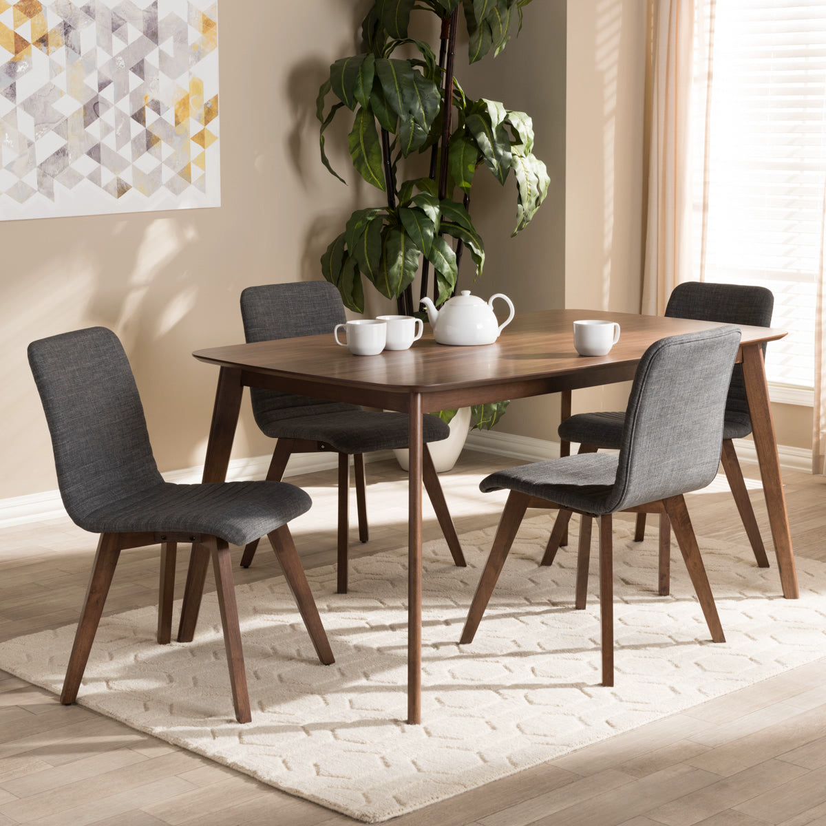 Baxton Studio Sugar Mid-Century Modern Dark Grey Fabric Upholstered Walnut Wood Finished 5-Piece Dining Set Baxton Studio-0-Minimal And Modern - 4