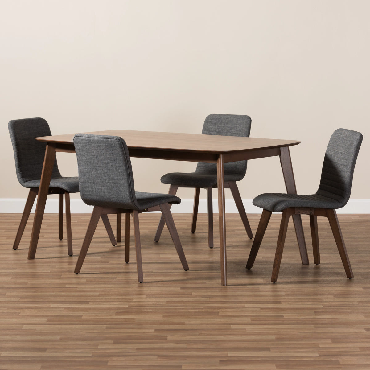 Baxton Studio Sugar Mid-Century Modern Dark Grey Fabric Upholstered Walnut Wood Finished 5-Piece Dining Set Baxton Studio-0-Minimal And Modern - 5