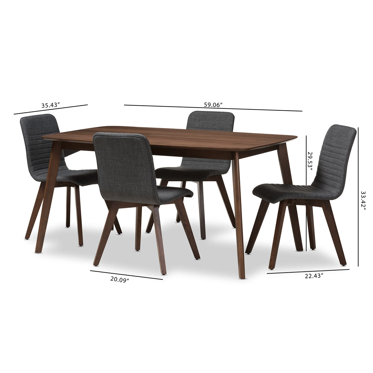 Baxton Studio Sugar Mid-Century Modern Dark Grey Fabric Upholstered Walnut Wood Finished 5-Piece Dining Set Baxton Studio-0-Minimal And Modern - 6