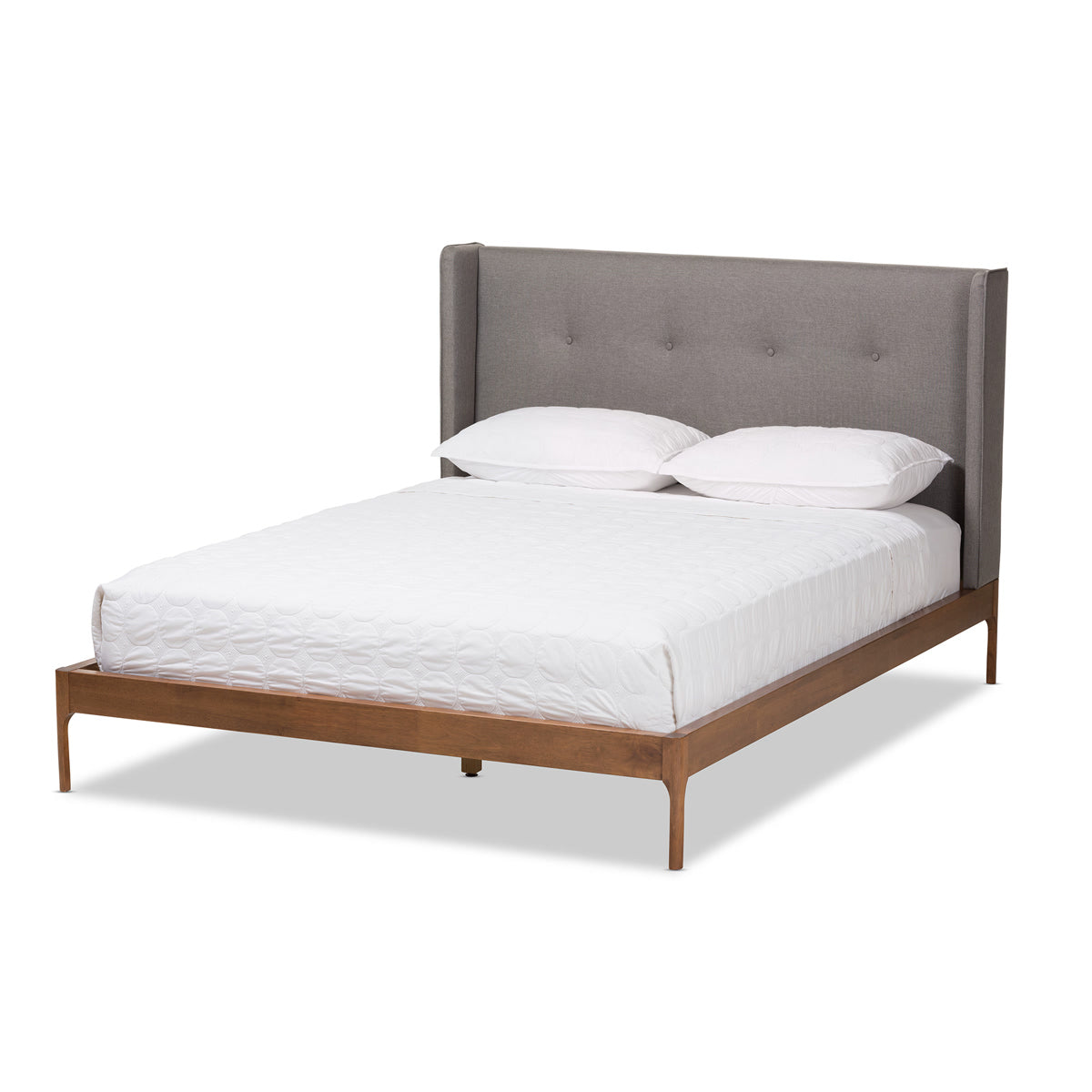 Baxton Studio Brooklyn Mid-Century Modern Walnut Wood Grey Fabric King Size Platform Bed Baxton Studio-King Bed-Minimal And Modern - 2