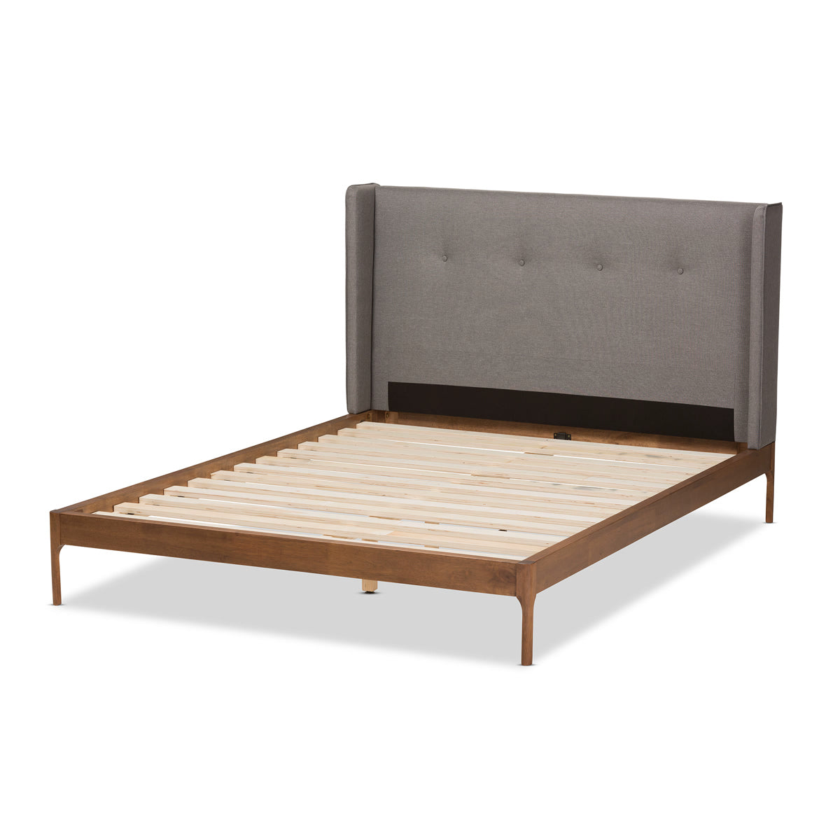 Baxton Studio Brooklyn Mid-Century Modern Walnut Wood Grey Fabric Queen Size Platform Bed Baxton Studio-Queen Bed-Minimal And Modern - 4