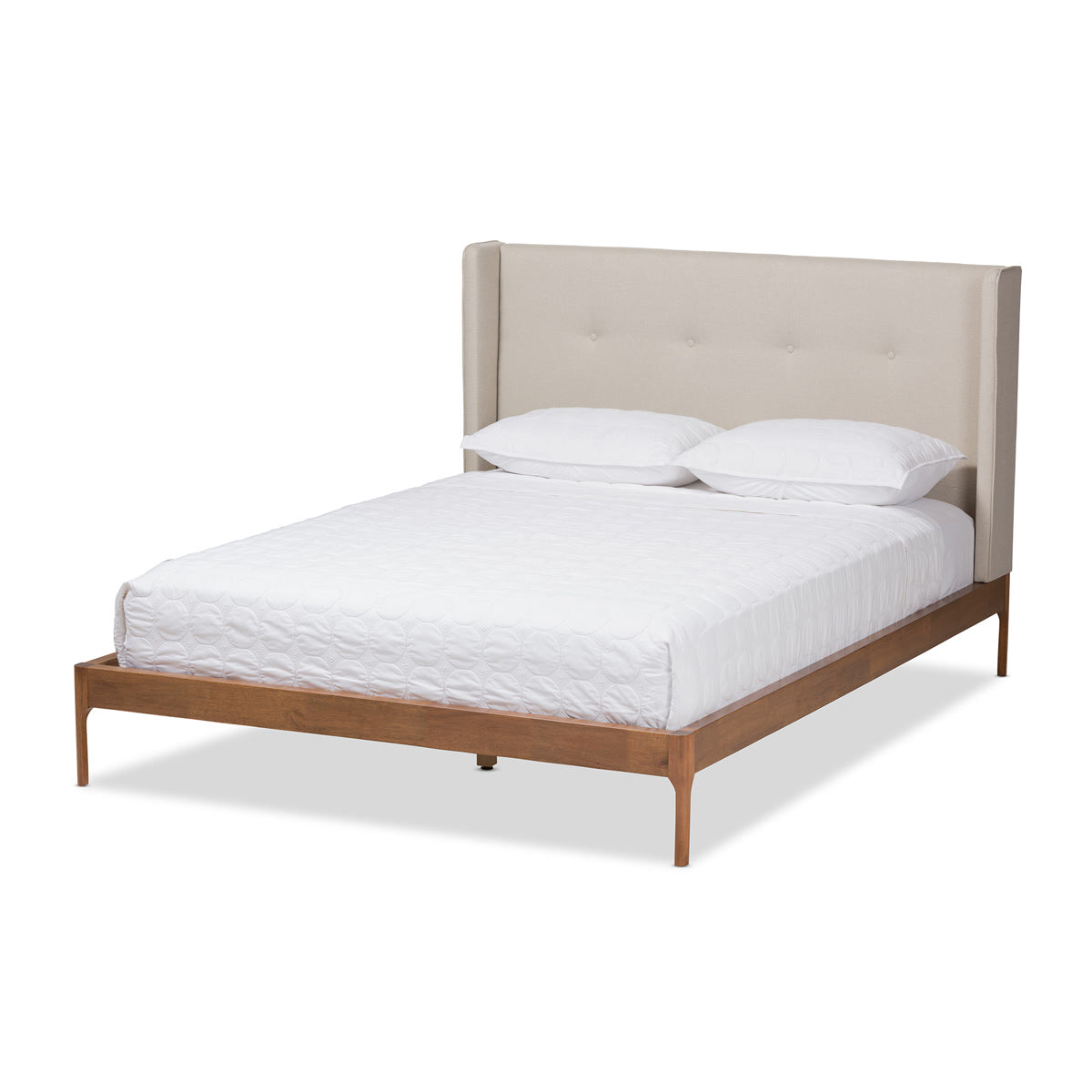 Baxton Studio Brooklyn Mid-Century Modern Walnut Wood Beige Fabric Full Size Platform Bed Baxton Studio-Full Bed-Minimal And Modern - 2