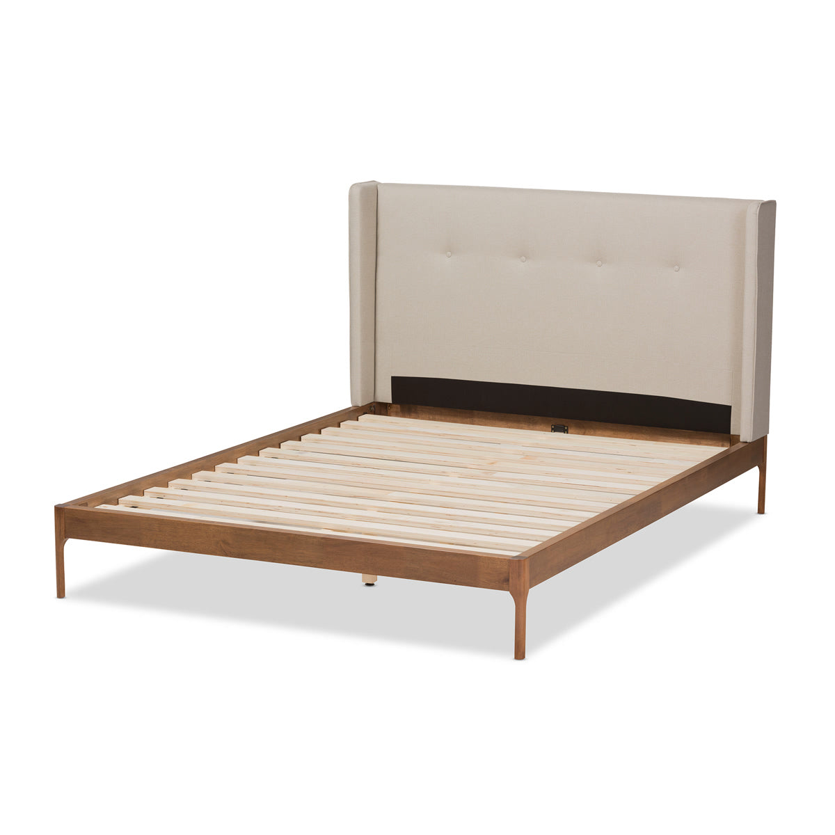 Baxton Studio Brooklyn Mid-Century Modern Walnut Wood Beige Fabric Full Size Platform Bed Baxton Studio-Full Bed-Minimal And Modern - 4