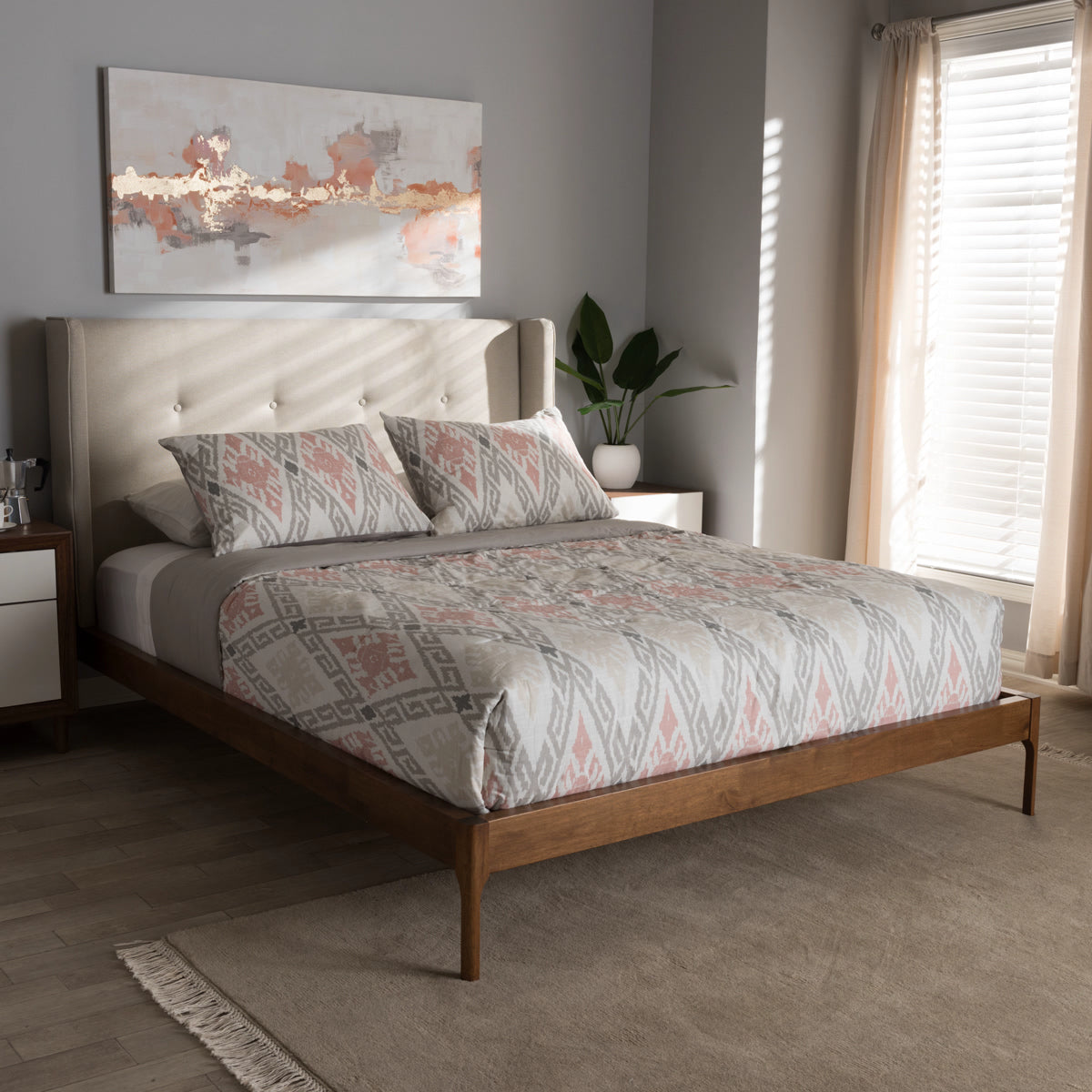 Baxton Studio Brooklyn Mid-Century Modern Walnut Wood Beige Fabric Full Size Platform Bed Baxton Studio-Full Bed-Minimal And Modern - 1