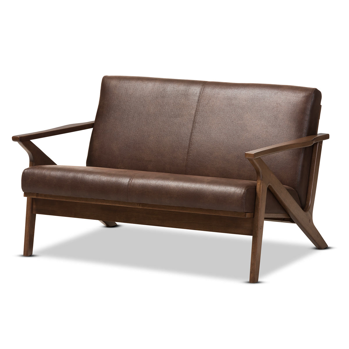 Baxton Studio Bianca Mid-Century Modern Walnut Wood Dark Brown Distressed Faux Leather 2-Seater Loveseat Baxton Studio-sofas-Minimal And Modern - 2