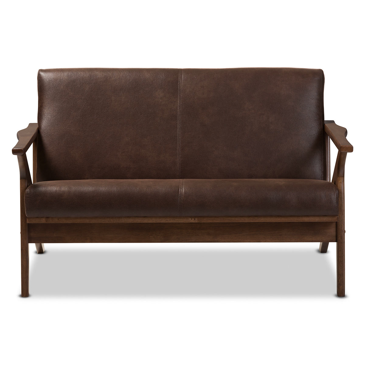 Baxton Studio Bianca Mid-Century Modern Walnut Wood Dark Brown Distressed Faux Leather 2-Seater Loveseat Baxton Studio-sofas-Minimal And Modern - 3