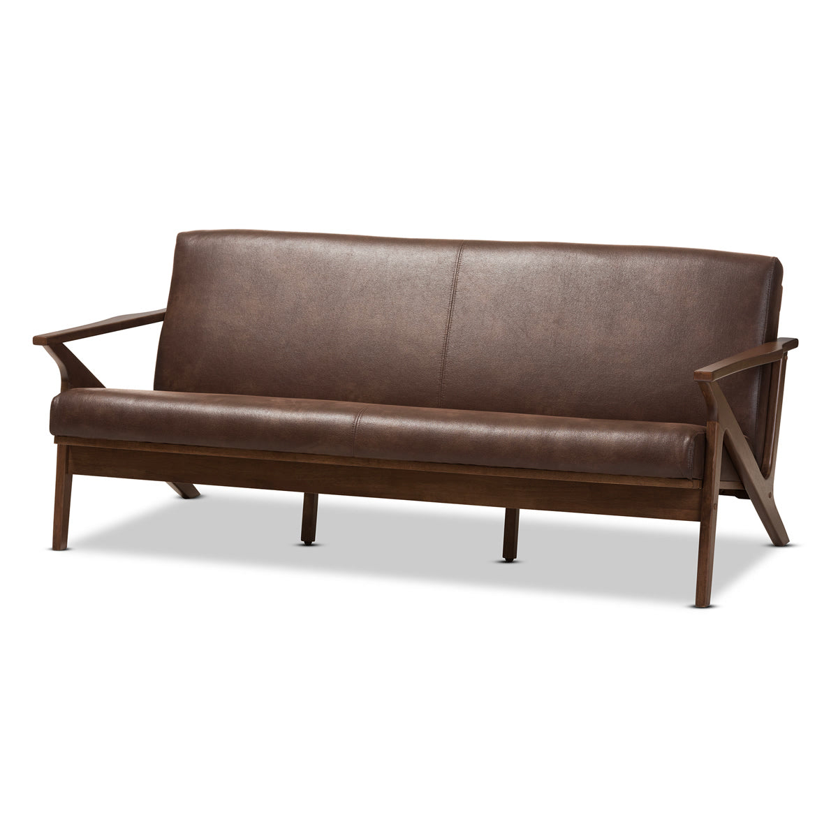 Baxton Studio Bianca Mid-Century Modern Walnut Wood Dark Brown Distressed Faux Leather 3-Seater Sofa Baxton Studio-sofas-Minimal And Modern - 2