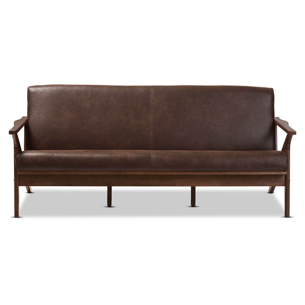 Baxton Studio Bianca Mid-Century Modern Walnut Wood Dark Brown Distressed Faux Leather 3-Seater Sofa Baxton Studio-sofas-Minimal And Modern - 3