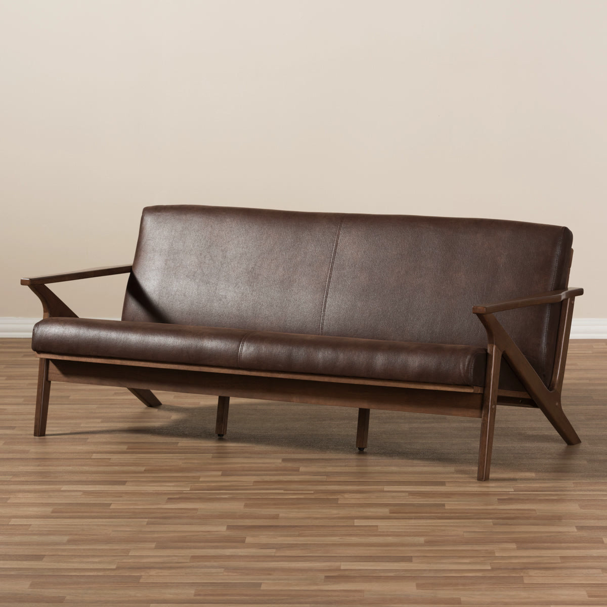 Baxton Studio Bianca Mid-Century Modern Walnut Wood Dark Brown Distressed Faux Leather 3-Seater Sofa Baxton Studio-sofas-Minimal And Modern - 7