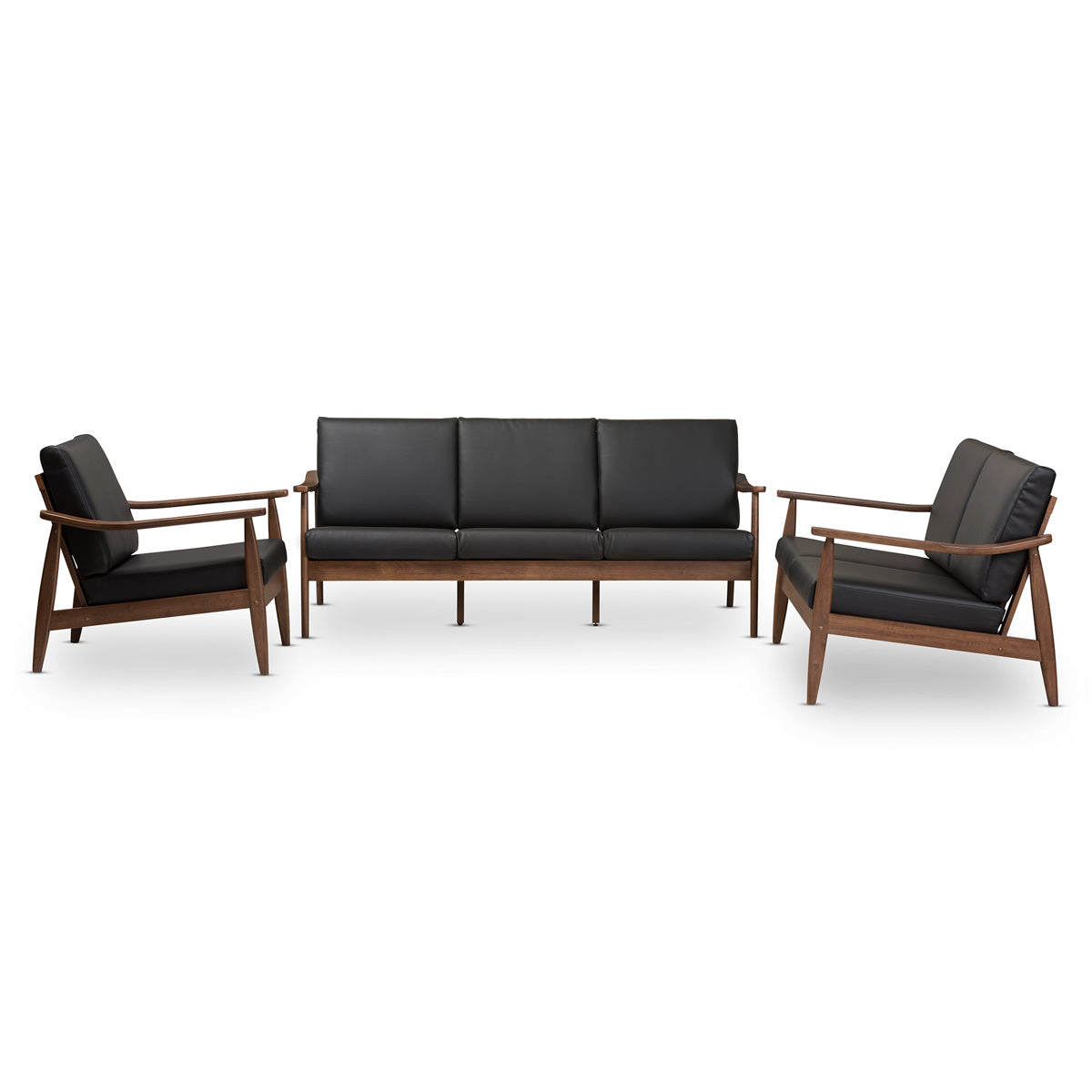 Baxton Studio Venza Mid-Century Modern Walnut Wood Black Faux Leather 3-Piece Livingroom Set Baxton Studio--Minimal And Modern - 2