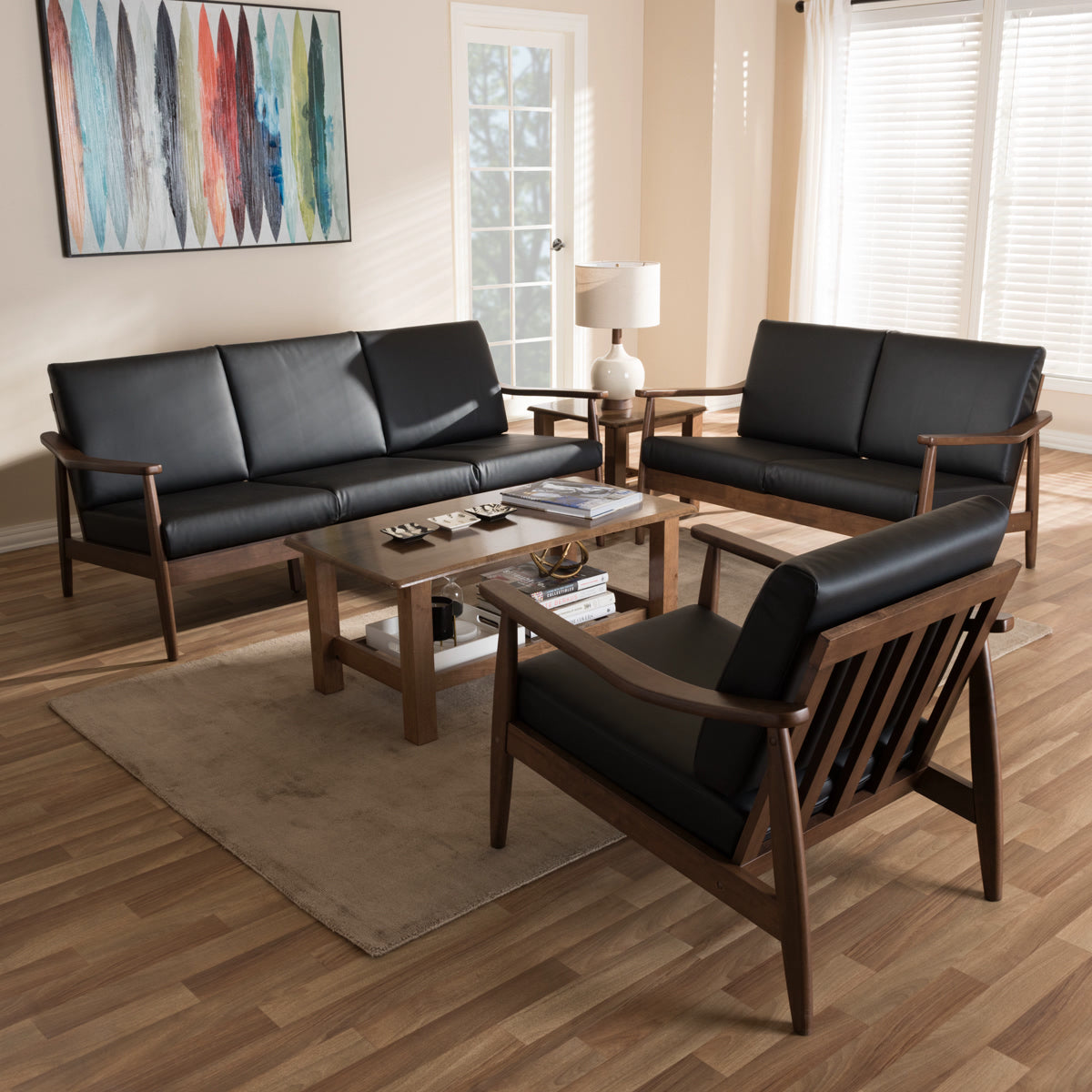 Baxton Studio Venza Mid-Century Modern Walnut Wood Black Faux Leather 3-Piece Livingroom Set Baxton Studio--Minimal And Modern - 1