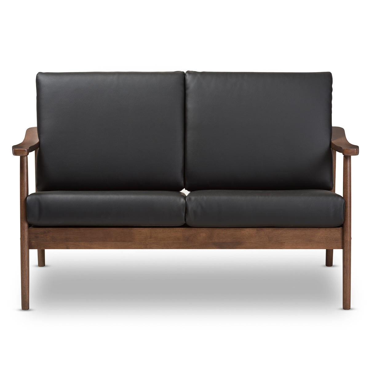 Baxton Studio Venza Mid-Century Modern Walnut Wood Black Faux Leather 2-Seater Loveseat Baxton Studio-sofas-Minimal And Modern - 3