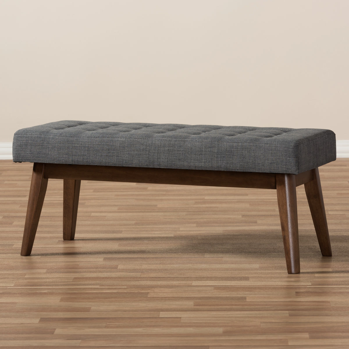 Baxton Studio Elia Mid-Century Modern Walnut Wood Dark Grey Fabric Button-Tufted Bench Baxton Studio-benches-Minimal And Modern - 7