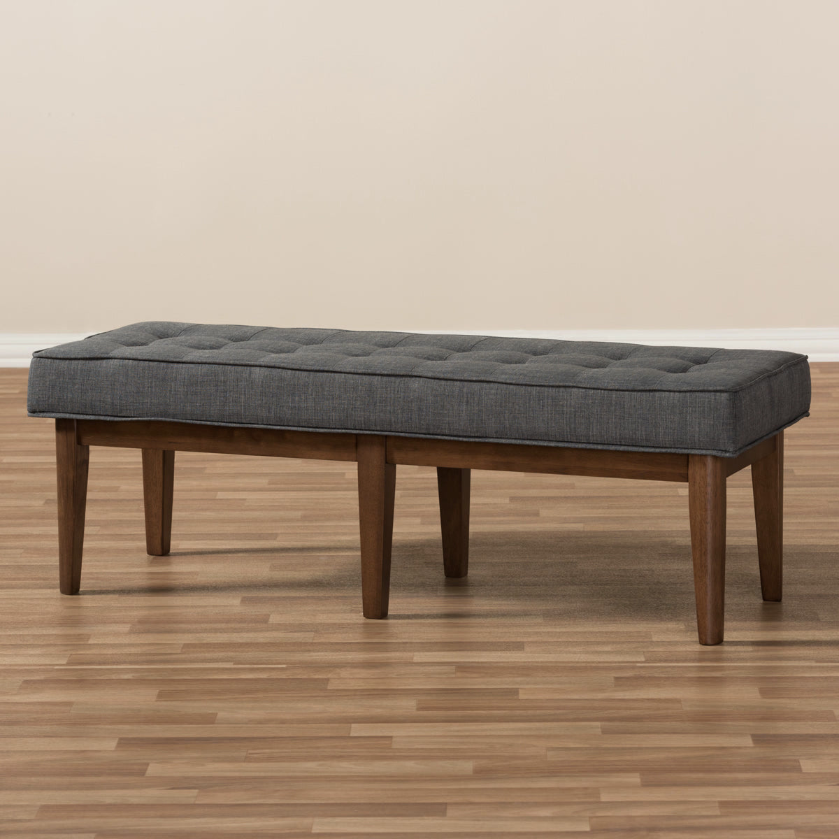 Baxton Studio Lucca Mid-Century Modern Walnut Wood Dark Grey Fabric Button-Tufted Bench Baxton Studio-benches-Minimal And Modern - 7