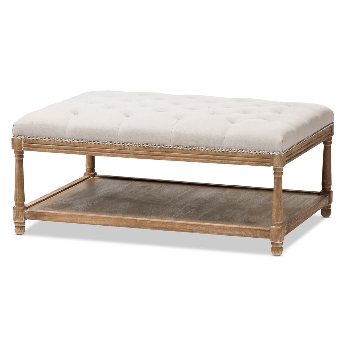 Baxton Studio Carlotta French Country Weathered Oak Beige Linen Rectangular Coffee Table Ottoman Baxton Studio-ottomans-Minimal And Modern - 2