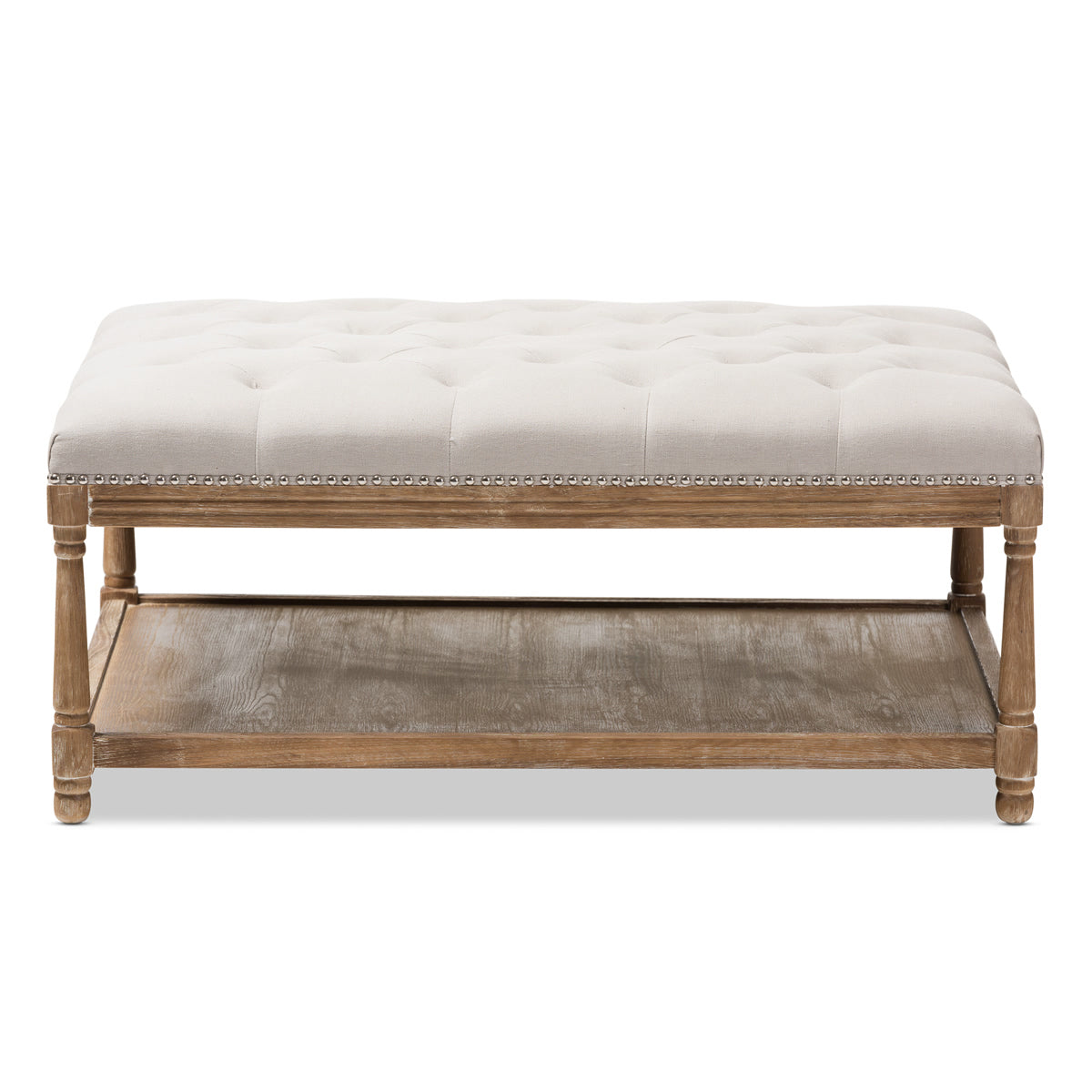 Baxton Studio Carlotta French Country Weathered Oak Beige Linen Rectangular Coffee Table Ottoman Baxton Studio-ottomans-Minimal And Modern - 3