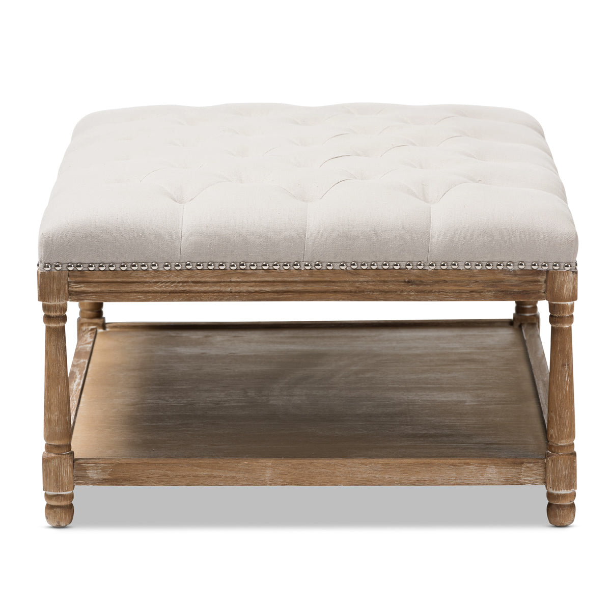 Baxton Studio Carlotta French Country Weathered Oak Beige Linen Rectangular Coffee Table Ottoman Baxton Studio-ottomans-Minimal And Modern - 4