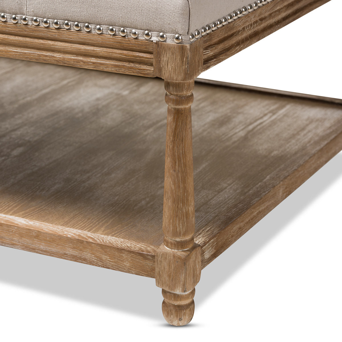 Baxton Studio Carlotta French Country Weathered Oak Beige Linen Rectangular Coffee Table Ottoman Baxton Studio-ottomans-Minimal And Modern - 6