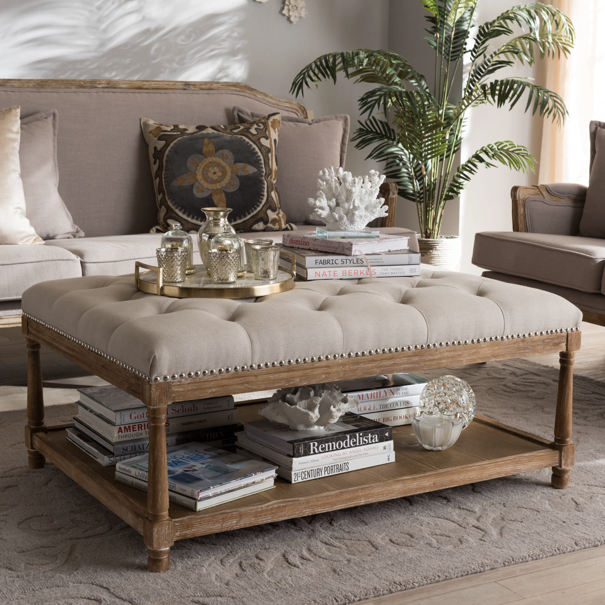 Baxton Studio Carlotta French Country Weathered Oak Beige Linen Rectangular Coffee Table Ottoman Baxton Studio-ottomans-Minimal And Modern - 1