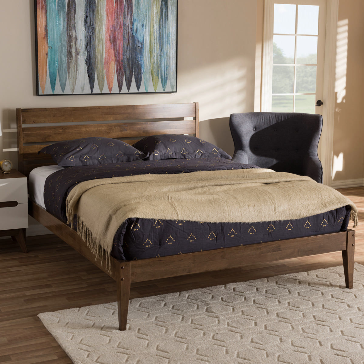 Baxton Studio Elmdon Mid-Century Modern Solid Walnut Wood Slatted Headboard Style Full Size Platform Bed Baxton Studio-Full Bed-Minimal And Modern - 7