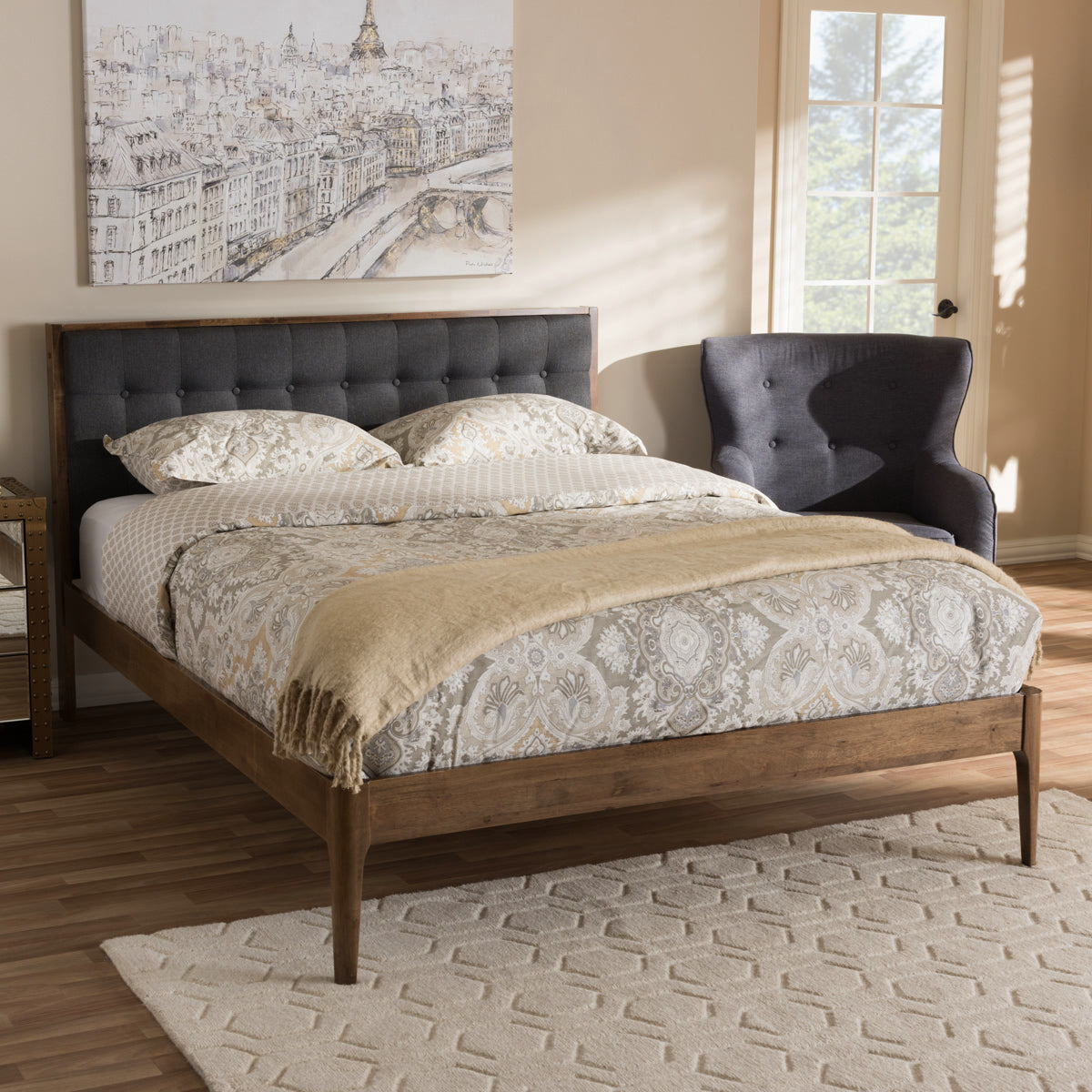 Baxton Studio Jupiter Mid-Century Modern Grey Fabric Upholstered Button-Tufted King Size Platform Bed Baxton Studio-King Bed-Minimal And Modern - 7