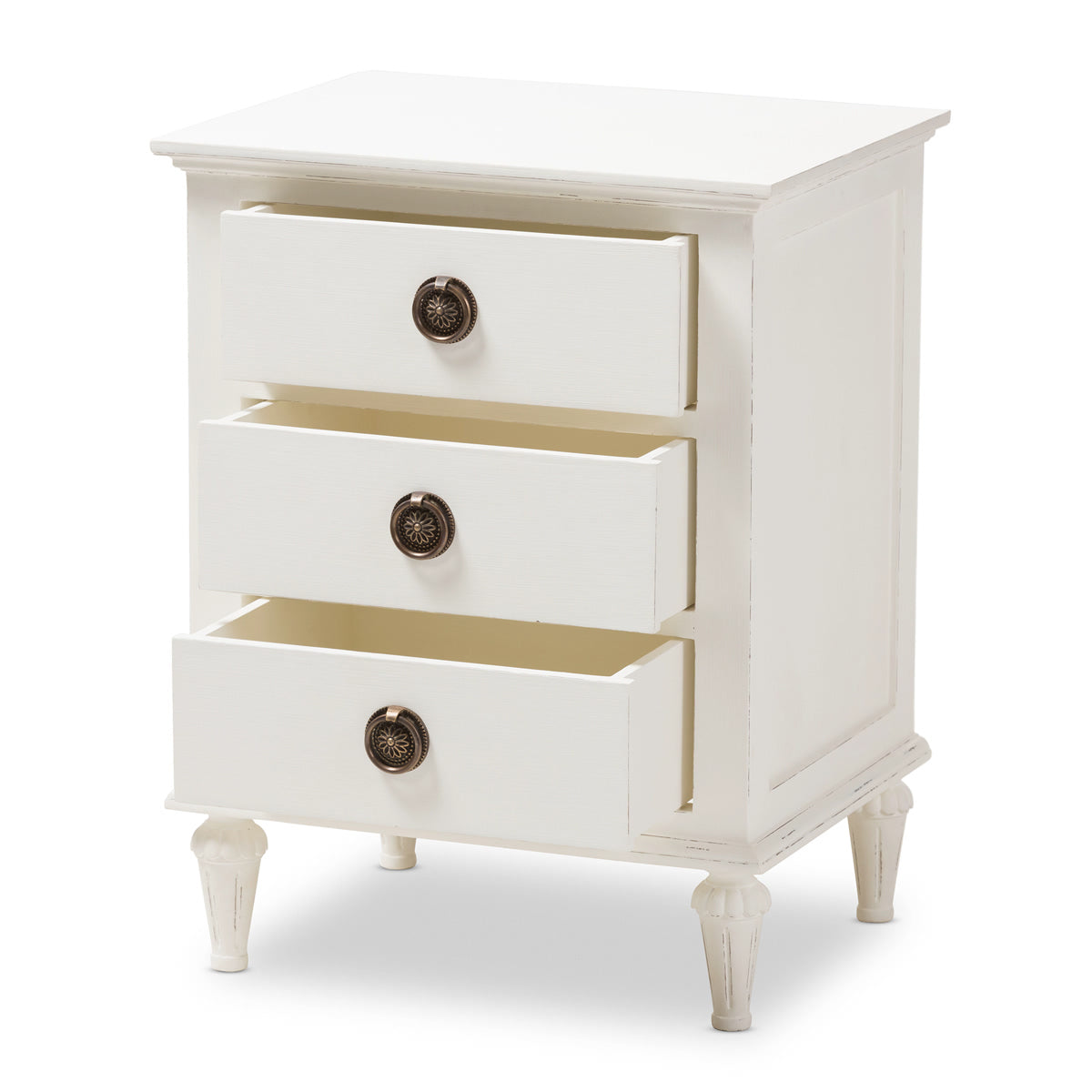 Baxton Studio Venezia French-Inspired Rustic Whitewash Wood 3-Drawer Nightstand Baxton Studio-nightstands-Minimal And Modern - 3