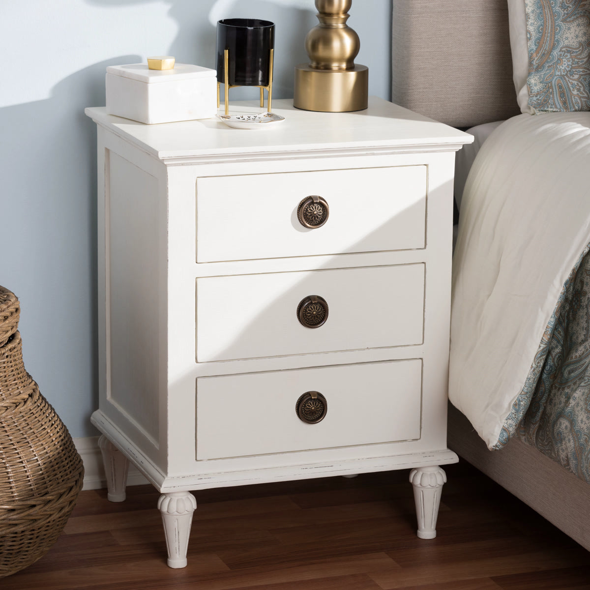 Baxton Studio Venezia French-Inspired Rustic Whitewash Wood 3-Drawer Nightstand Baxton Studio-nightstands-Minimal And Modern - 8