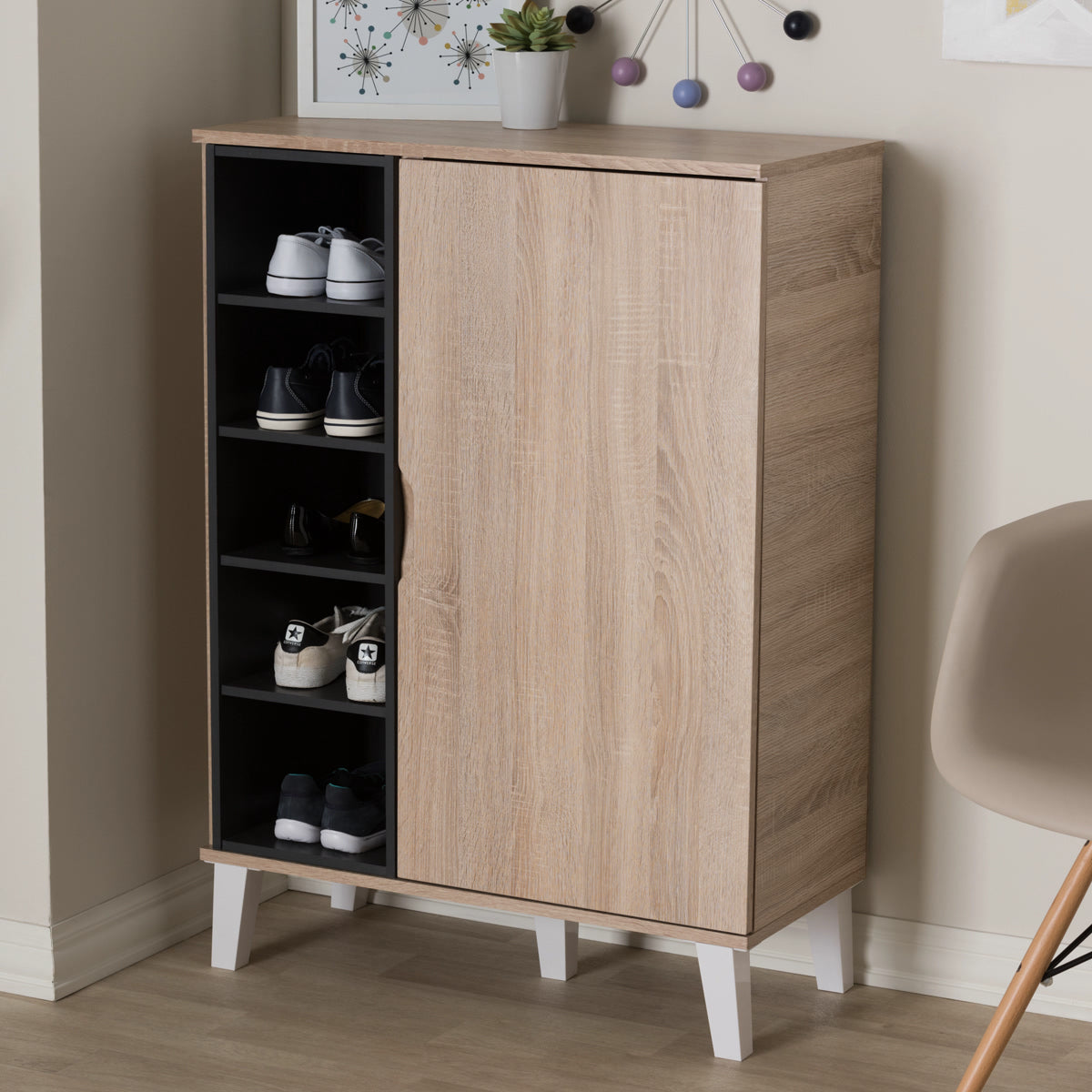 Baxton Studio Adelina Mid-Century Modern 1-door Oak and Grey Wood Shoe Cabinet Baxton Studio--Minimal And Modern - 6