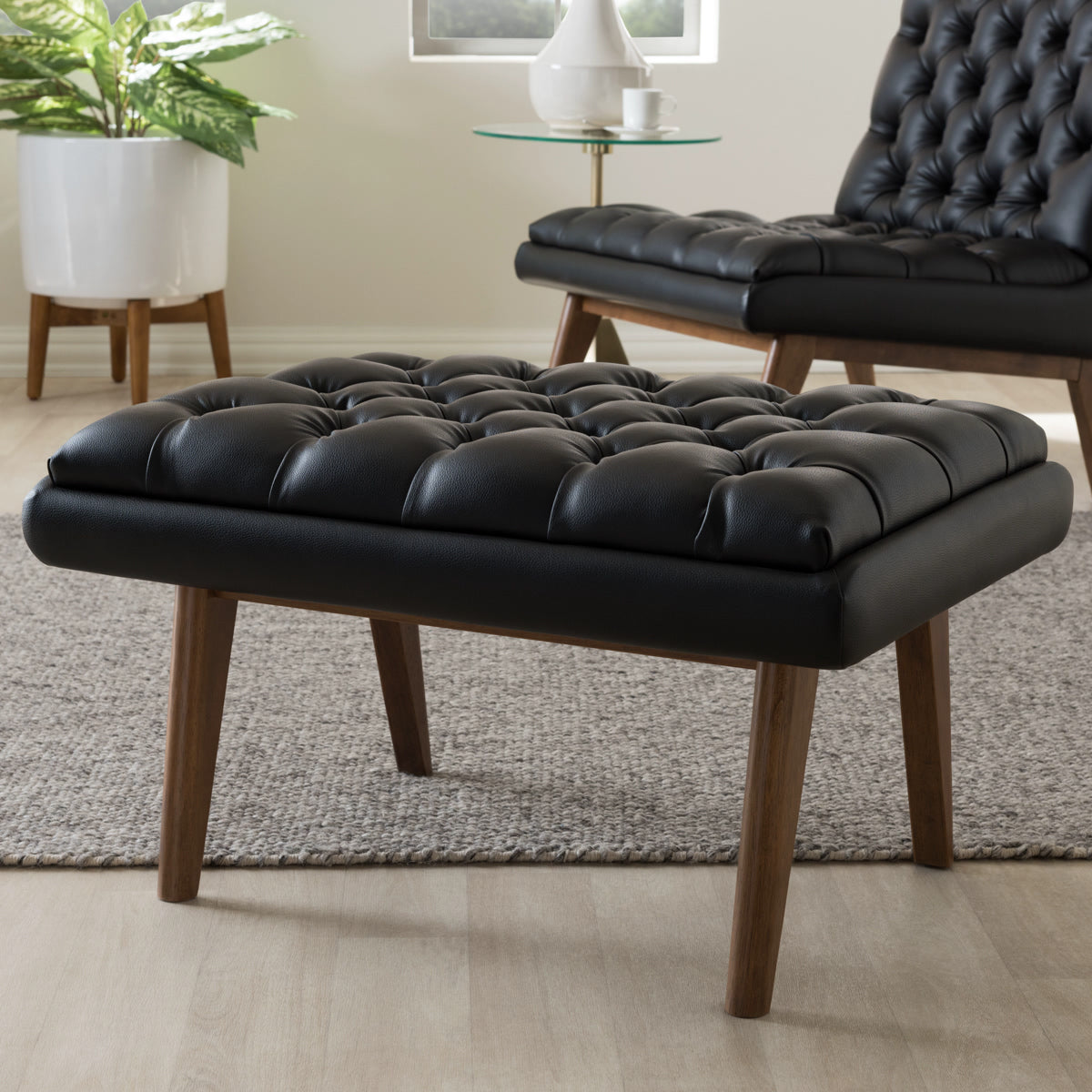 Baxton Studio Annetha Mid-Century Modern Black Faux Leather Upholstered Walnut Finished Wood Ottoman Baxton Studio-ottomans-Minimal And Modern - 6