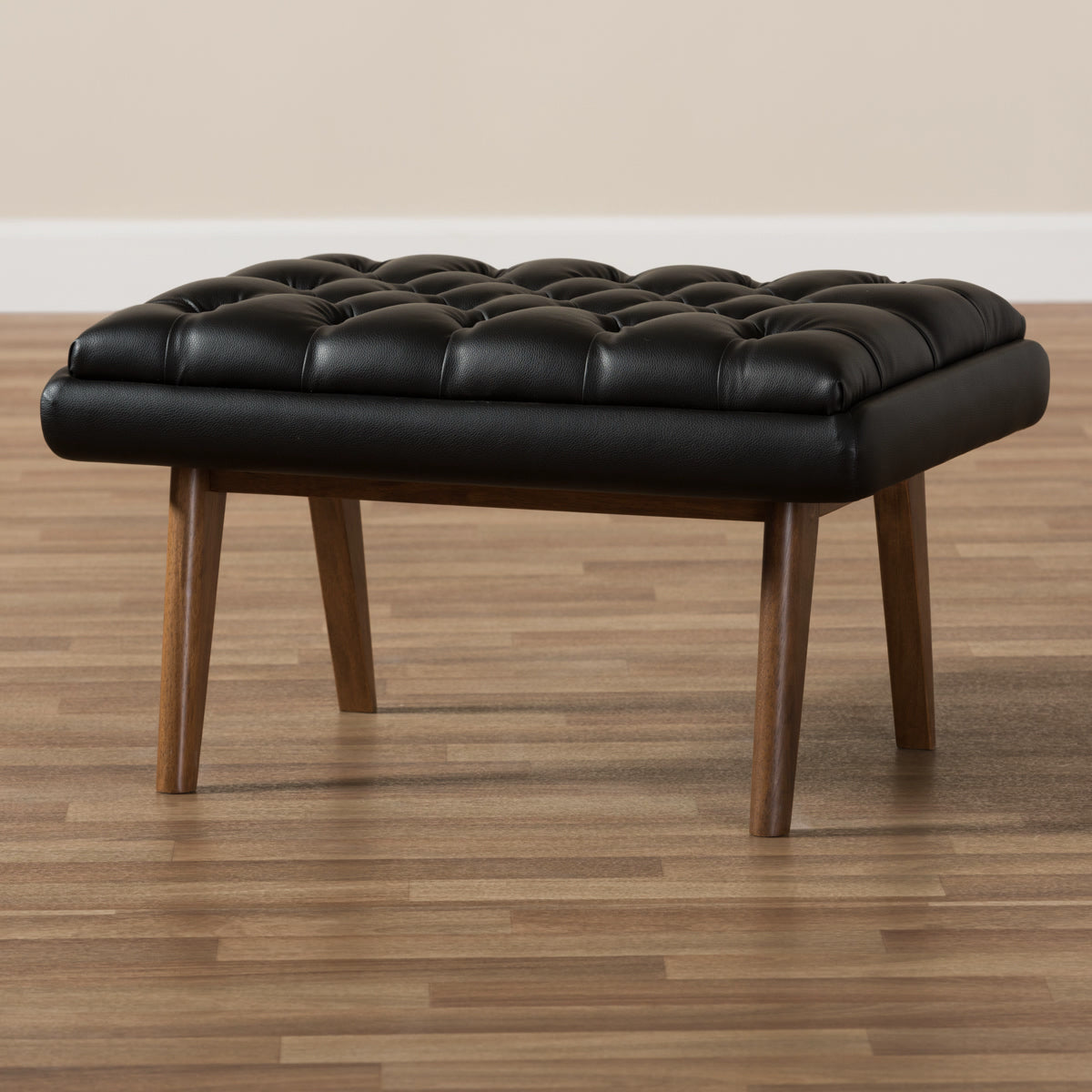 Baxton Studio Annetha Mid-Century Modern Black Faux Leather Upholstered Walnut Finished Wood Ottoman Baxton Studio-ottomans-Minimal And Modern - 7