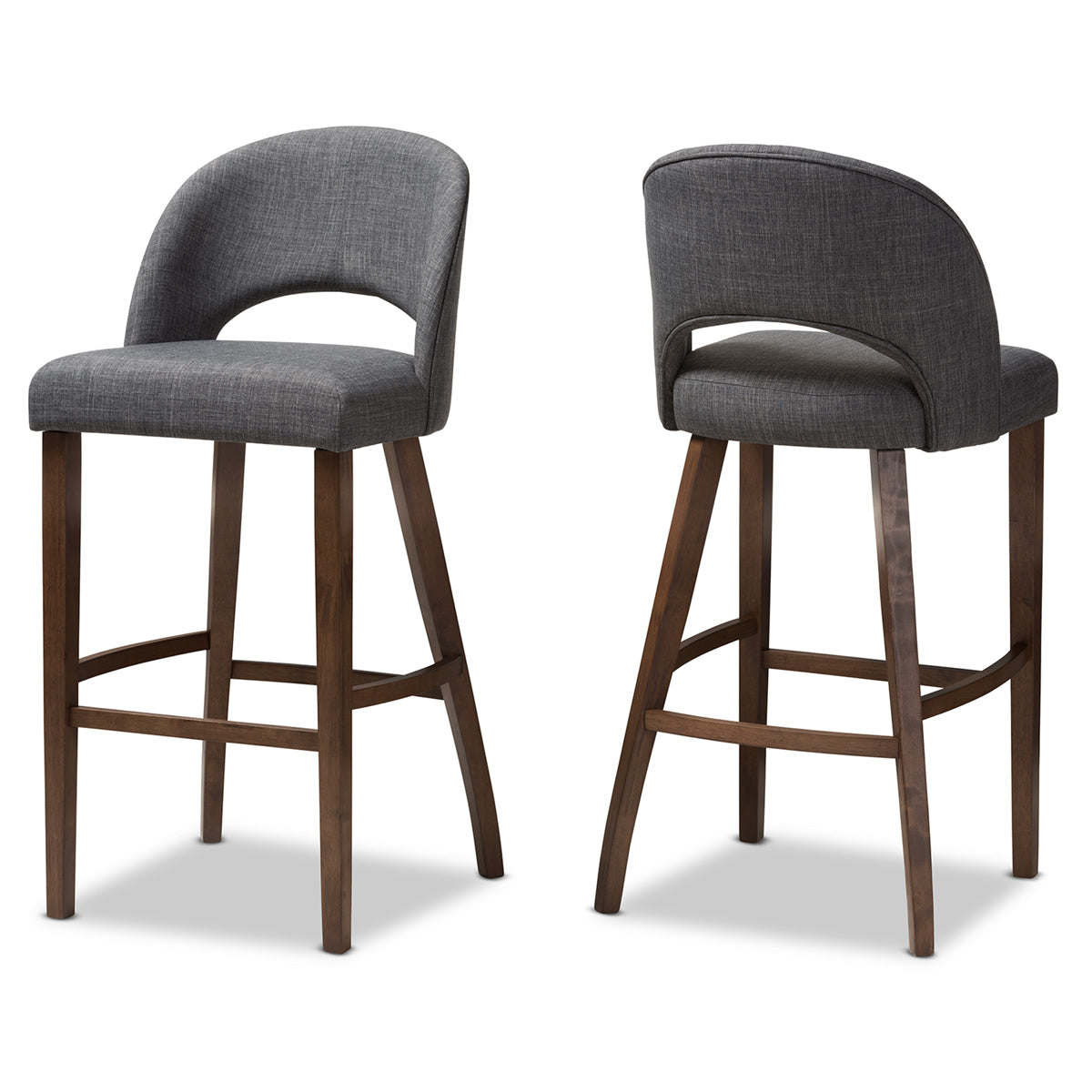 Baxton Studio Melrose Mid-Century Modern Dark Grey Fabric Upholstered Walnut Finished Wood Bar Stool (Set of 2) Baxton Studio-Bar Stools-Minimal And Modern - 1