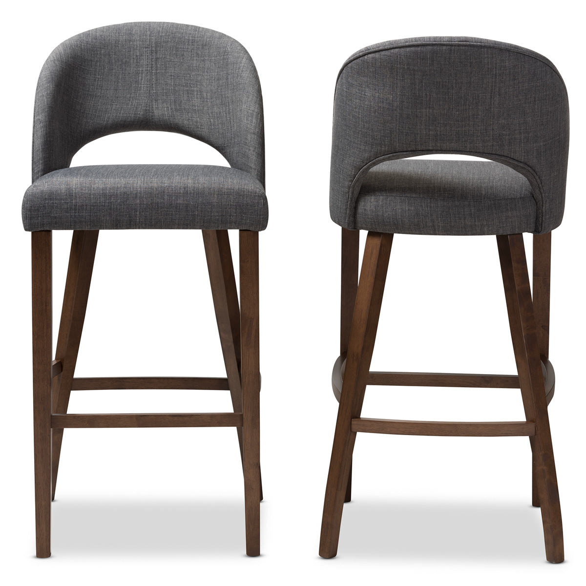 Baxton Studio Melrose Mid-Century Modern Dark Grey Fabric Upholstered Walnut Finished Wood Bar Stool (Set of 2) Baxton Studio-Bar Stools-Minimal And Modern - 2