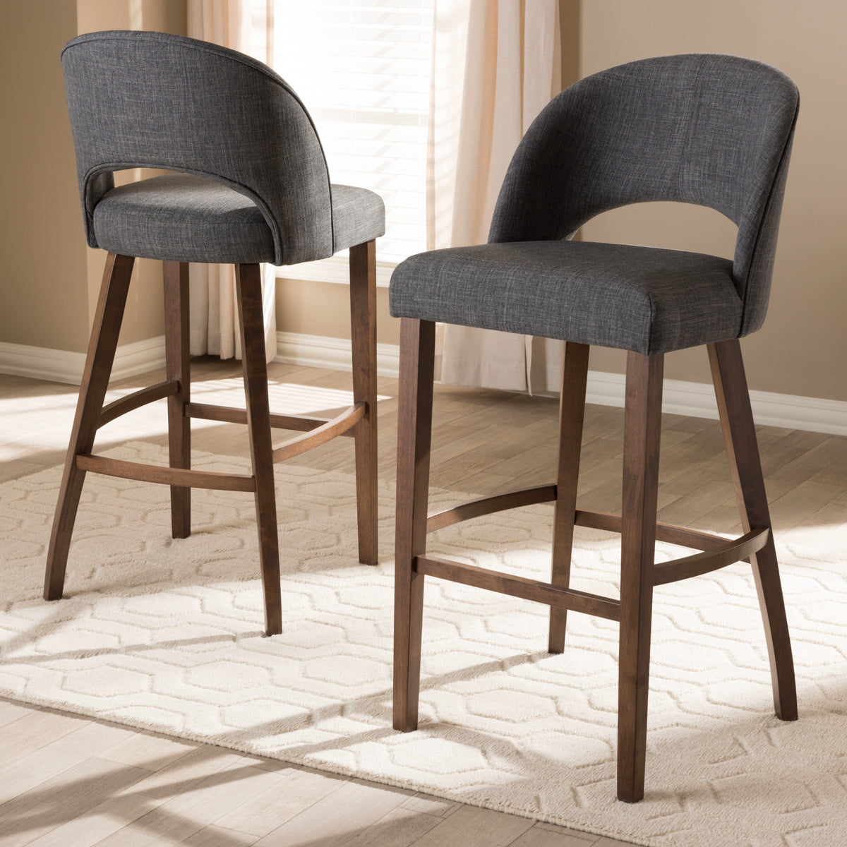 Baxton Studio Melrose Mid-Century Modern Dark Grey Fabric Upholstered Walnut Finished Wood Bar Stool (Set of 2) Baxton Studio-Bar Stools-Minimal And Modern - 6