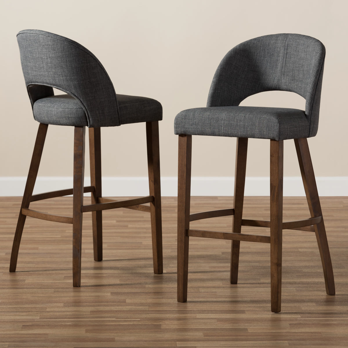 Baxton Studio Melrose Mid-Century Modern Dark Grey Fabric Upholstered Walnut Finished Wood Bar Stool (Set of 2) Baxton Studio-Bar Stools-Minimal And Modern - 7