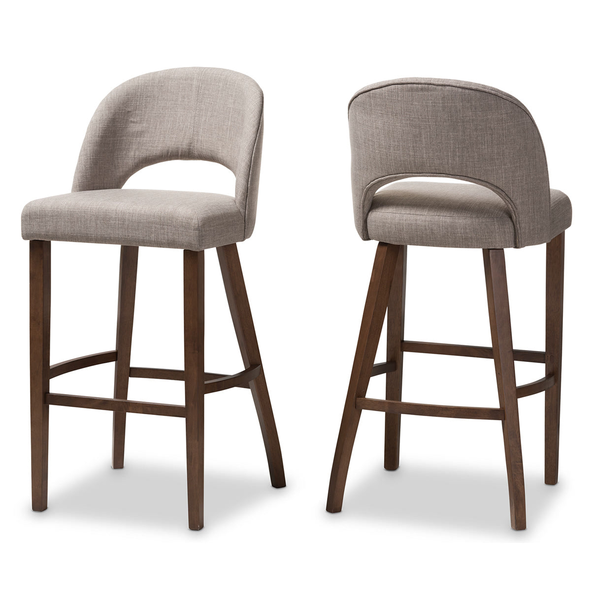 Baxton Studio Melrose Mid-Century Modern Light Grey Fabric Upholstered Walnut Finished Wood Bar Stool (Set of 2) Baxton Studio-Bar Stools-Minimal And Modern - 1