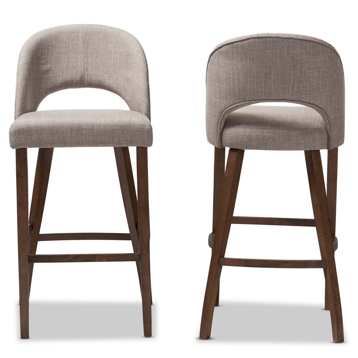 Baxton Studio Melrose Mid-Century Modern Light Grey Fabric Upholstered Walnut Finished Wood Bar Stool (Set of 2) Baxton Studio-Bar Stools-Minimal And Modern - 2