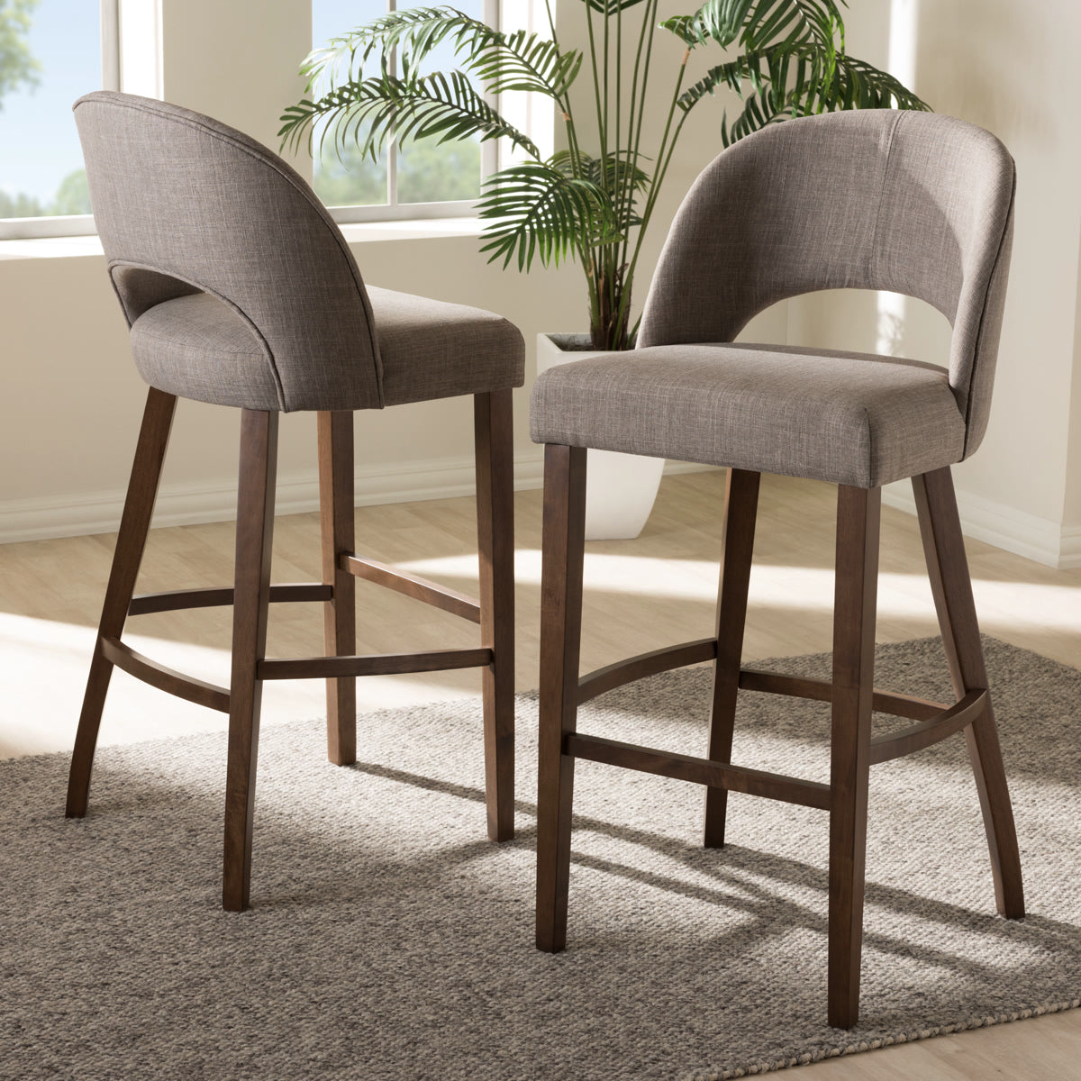 Baxton Studio Melrose Mid-Century Modern Light Grey Fabric Upholstered Walnut Finished Wood Bar Stool (Set of 2) Baxton Studio-Bar Stools-Minimal And Modern - 6