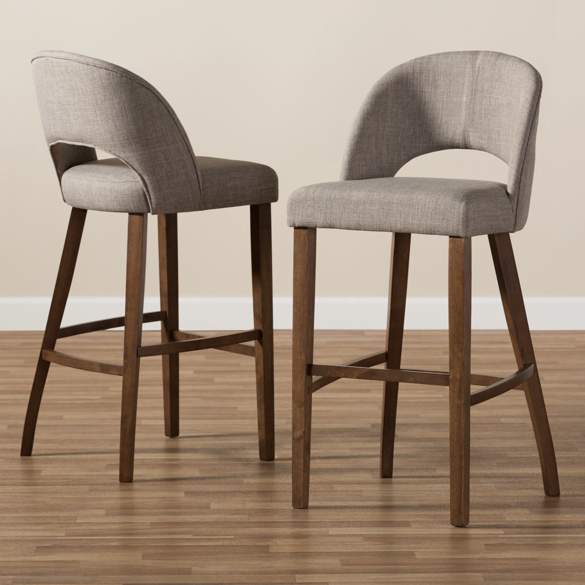 Baxton Studio Melrose Mid-Century Modern Light Grey Fabric Upholstered Walnut Finished Wood Bar Stool (Set of 2) Baxton Studio-Bar Stools-Minimal And Modern - 7