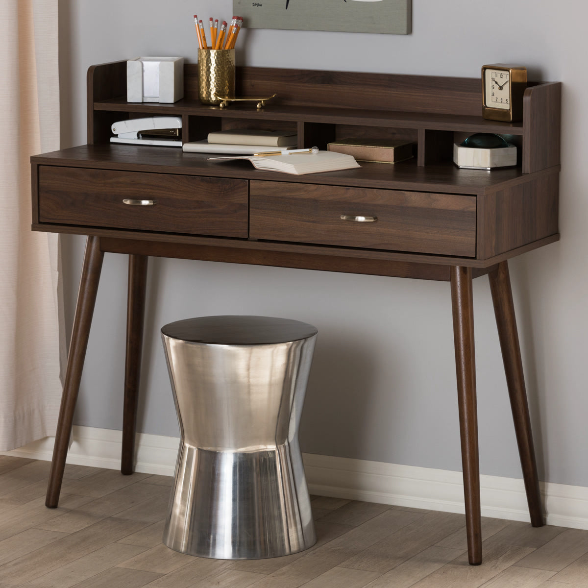 Baxton Studio Disa Mid-Century Modern Walnut Brown Finished 2-Drawer Desk Baxton Studio-Desks-Minimal And Modern - 7