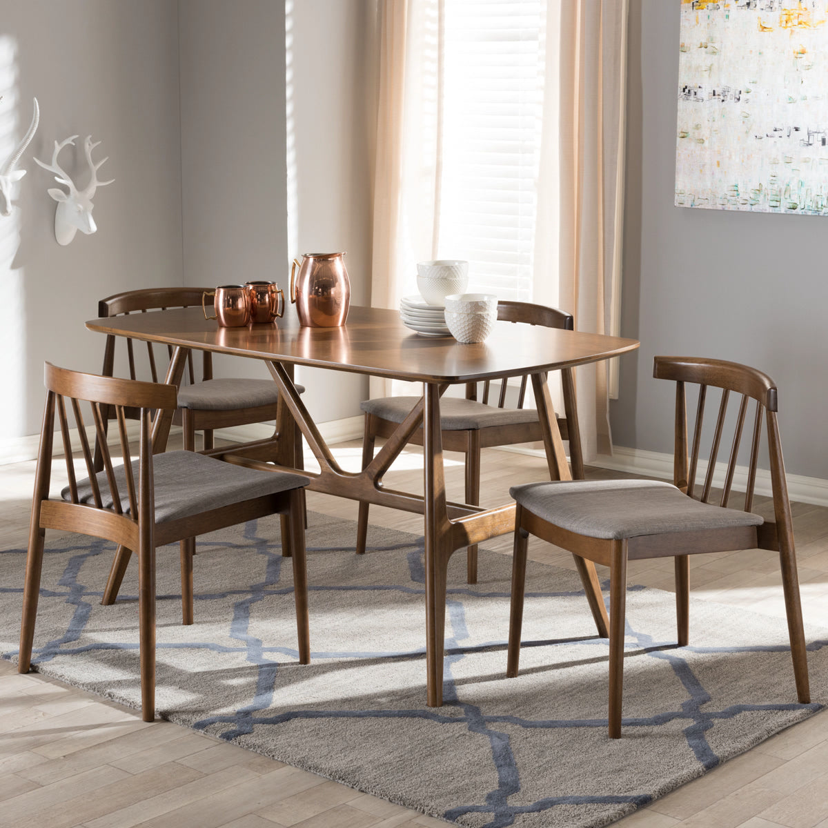 Baxton Studio Wyatt Mid-Century Modern Walnut Wood 5-Piece Dining Set Baxton Studio-0-Minimal And Modern - 6