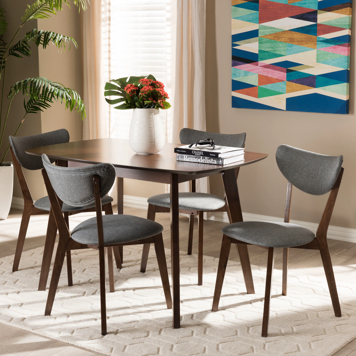 Baxton Studio Hadrea Mid-century Modern Walnut-Finished Dark Grey Fabric Upholstered 5-Piece Dining Set Baxton Studio-0-Minimal And Modern - 4