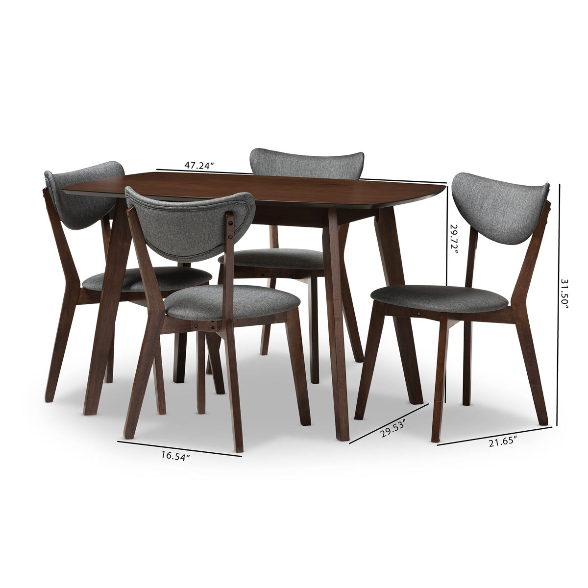 Baxton Studio Hadrea Mid-century Modern Walnut-Finished Dark Grey Fabric Upholstered 5-Piece Dining Set Baxton Studio-0-Minimal And Modern - 6